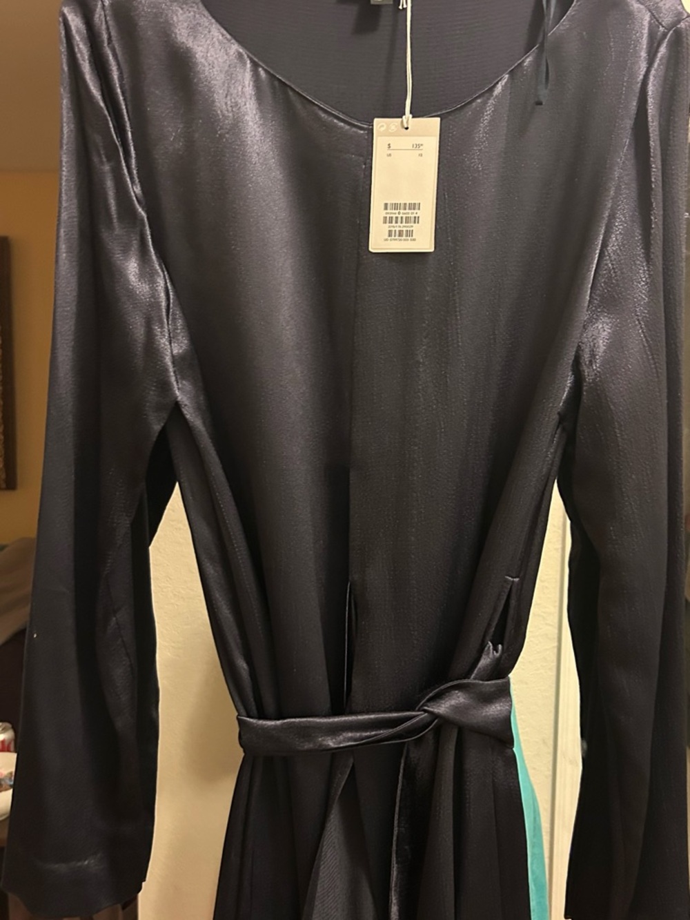 Glossy Silk-Look Black Wrap Dress with Teal Accent. Luxurious. Dressy